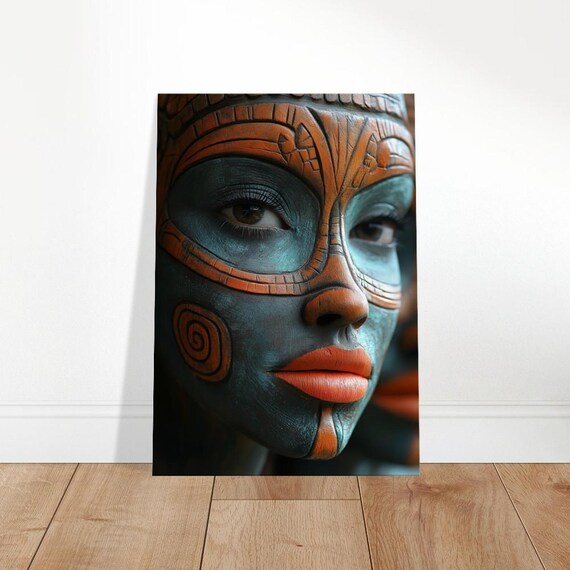 Tribal Mask Portrait Teal Ochre African Heritage Canvas Wall Art