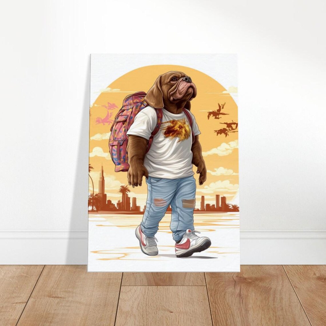 Bulldog In Streetwear Backpack Beach Sunset Retro Cartoon Poster