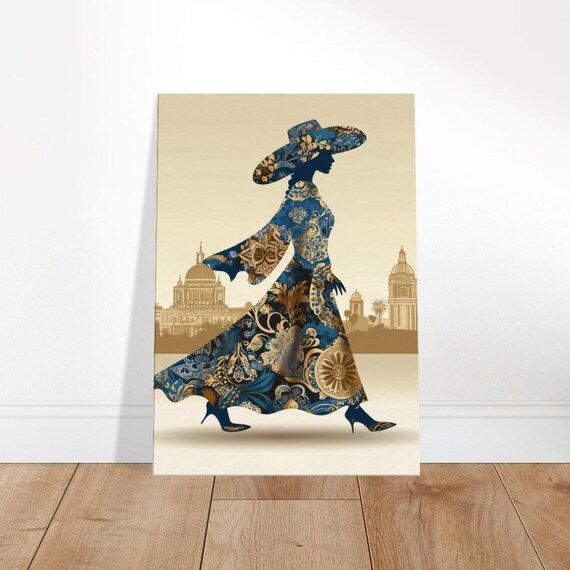 Venetian Elegance Ornate Blue Gold Gown Silhouette Woman Poster