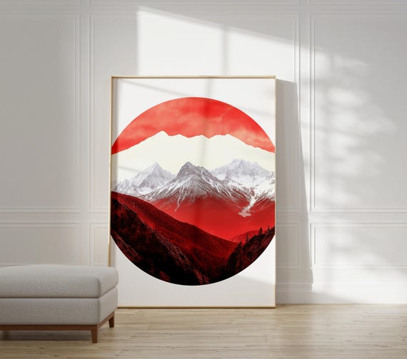 Red Abstract Mountain Art Print Geometric Landscape Poster
