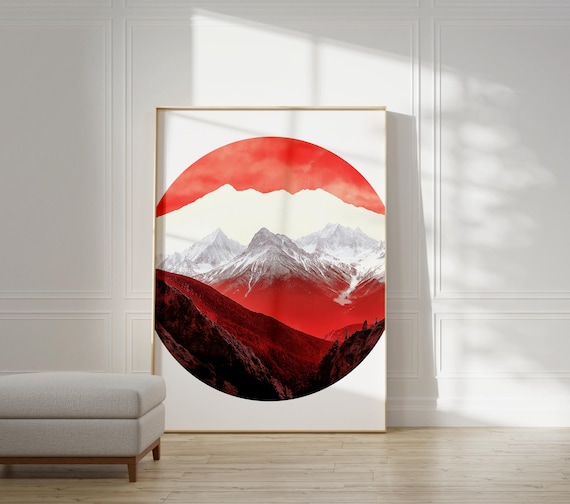 Red Sun Mountain Peaks Layered Ridges Bold Graphic Nature Art Poster