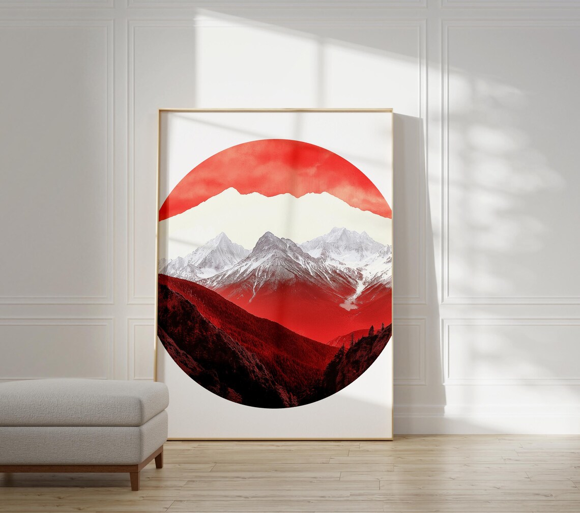 Red Abstract Mountain Art Print Geometric Landscape Poster