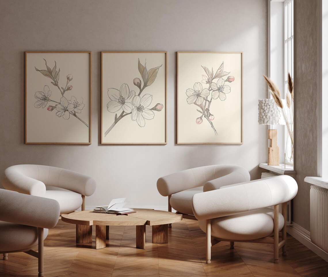 Cherry Blossom Print Set, Minimalist Botanical Art
