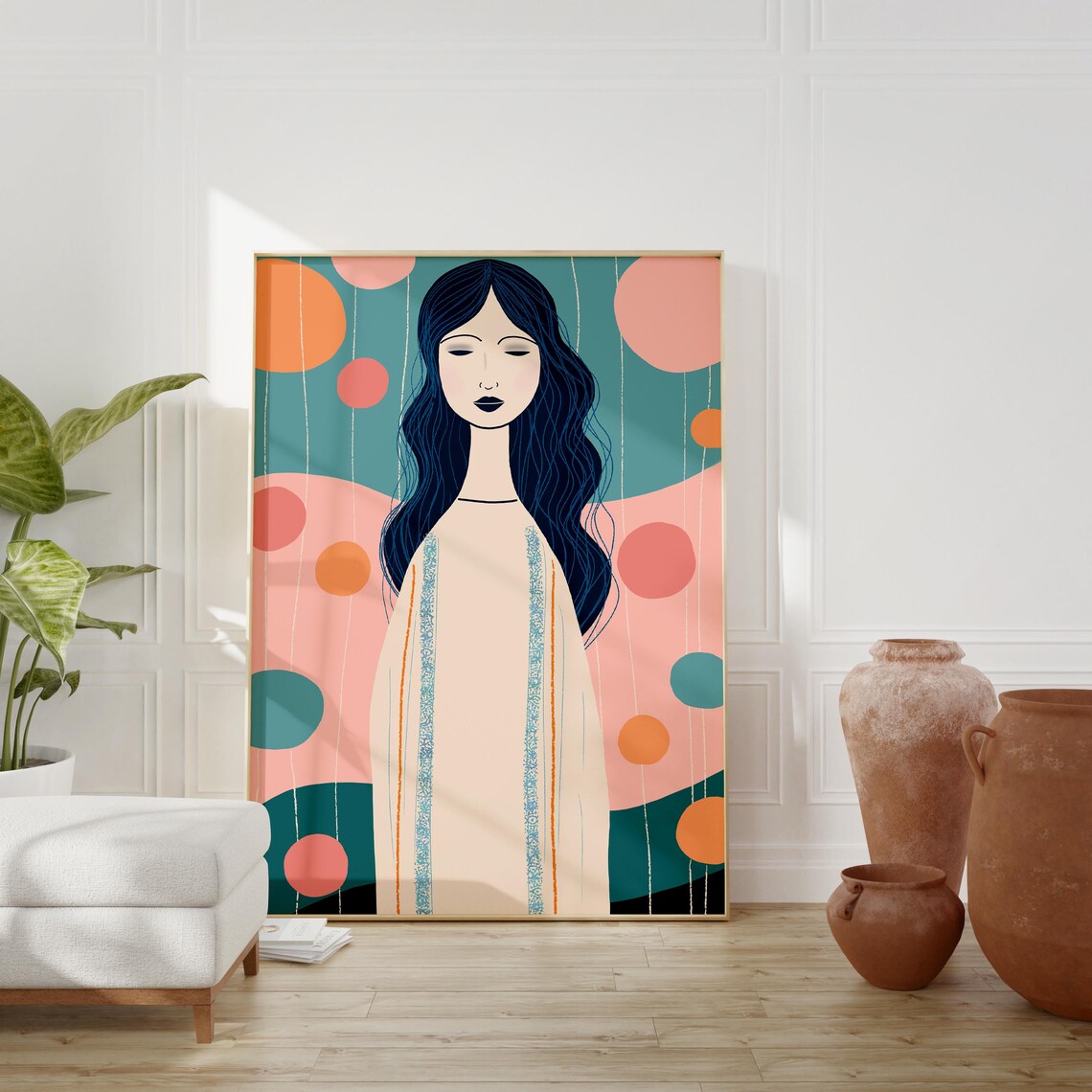 Elegant Woman Portrait Poster Pastel Dots Feminine Modern Wall Decor Art