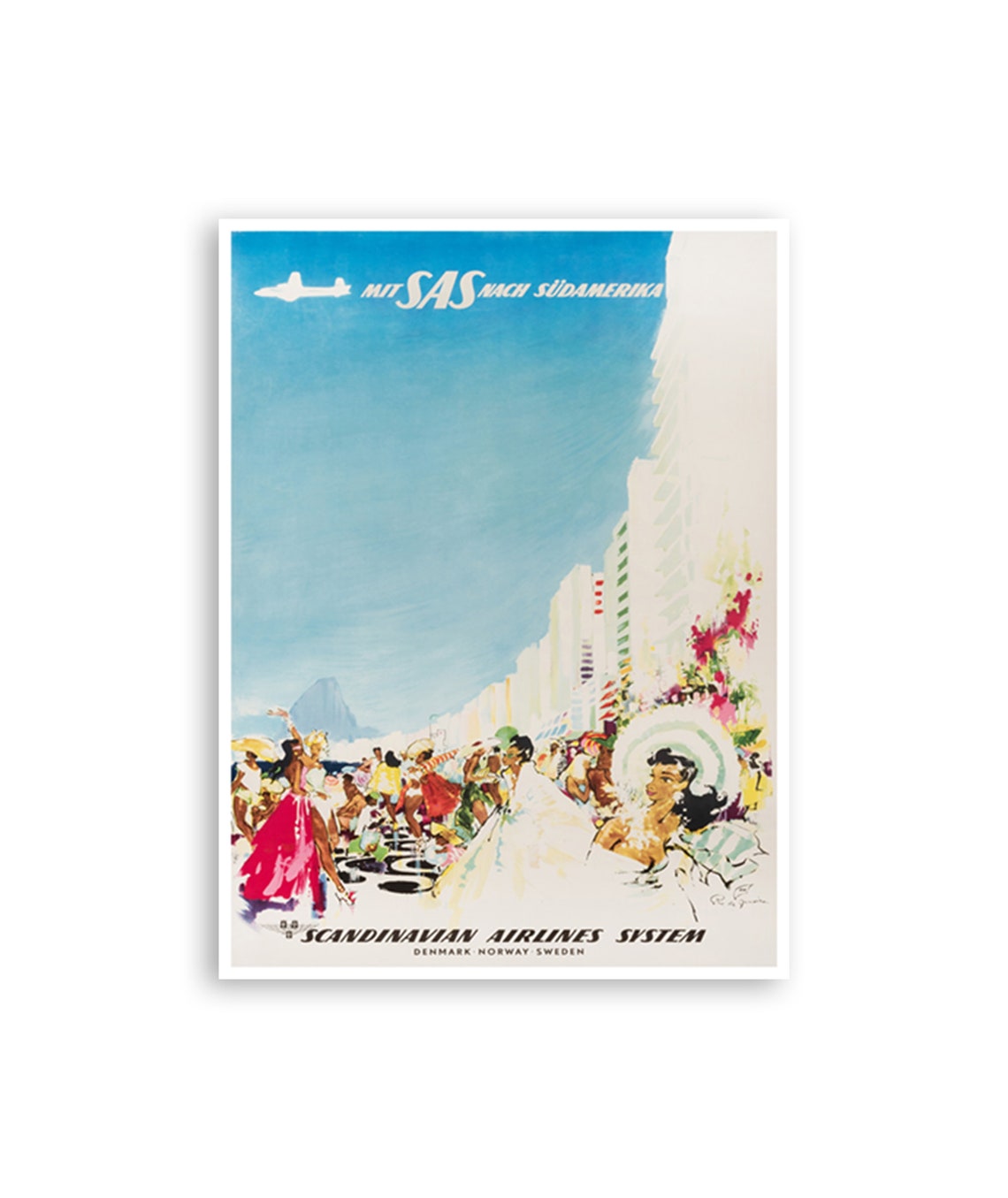 SAS Scandinavian Airlines South America Rio Carnival Beach Poster