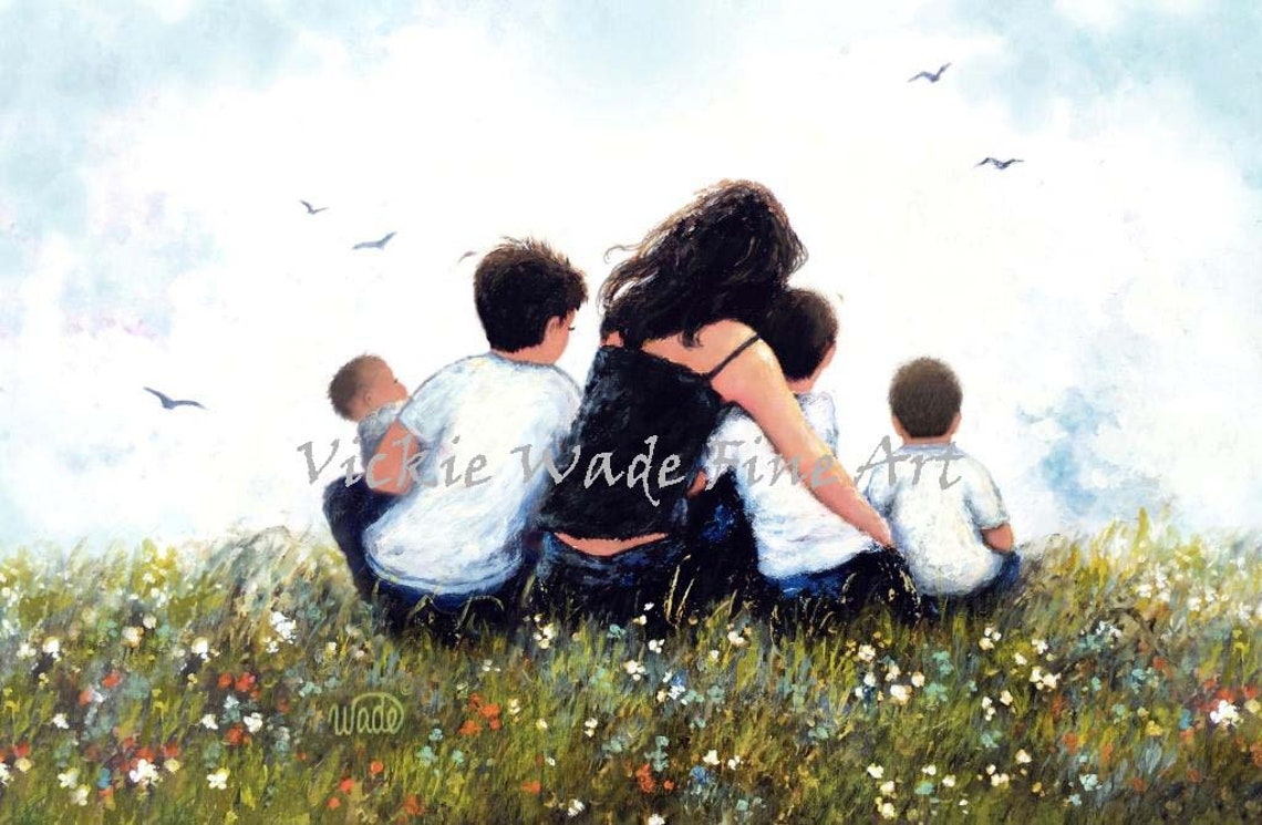 Mother Gathering Her Four Sons Close in a Flower Meadow Poster