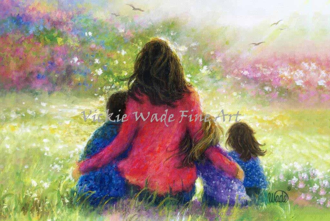 Redheaded Mother and Three Children in a Flower Garden Poster