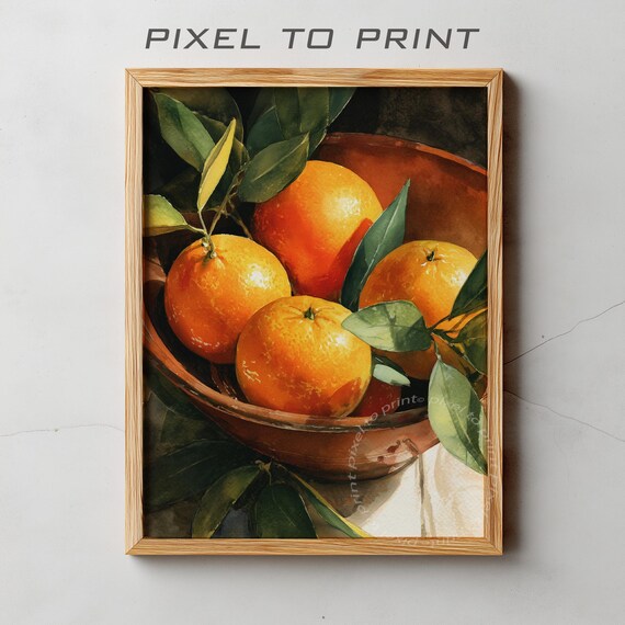 Fresh Ripe Oranges Bowl Watercolor Citrus Kitchen Style Wall Art