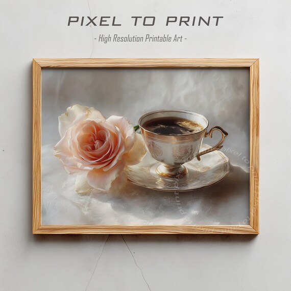 Coffee Cup White Rose Elegant Gold Rim Still Life Art Poster