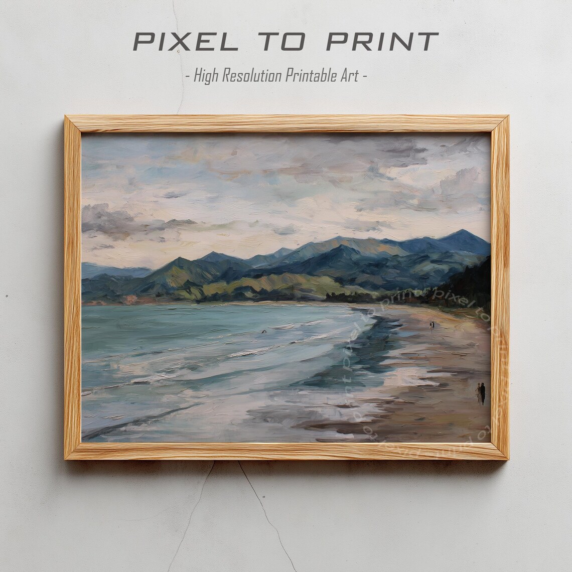 Serene Coastal Beach Mountain Waves Soft Oil Painting Art Poster