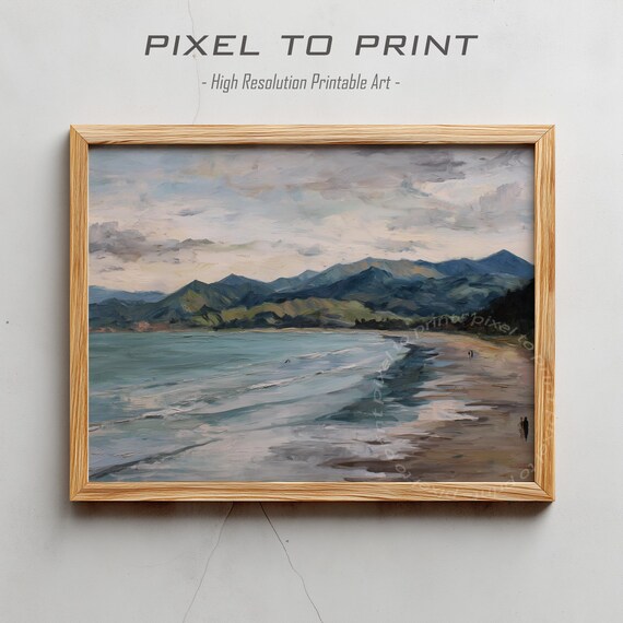 Serene Coastal Beach Mountain Waves Soft Oil Painting Art Poster