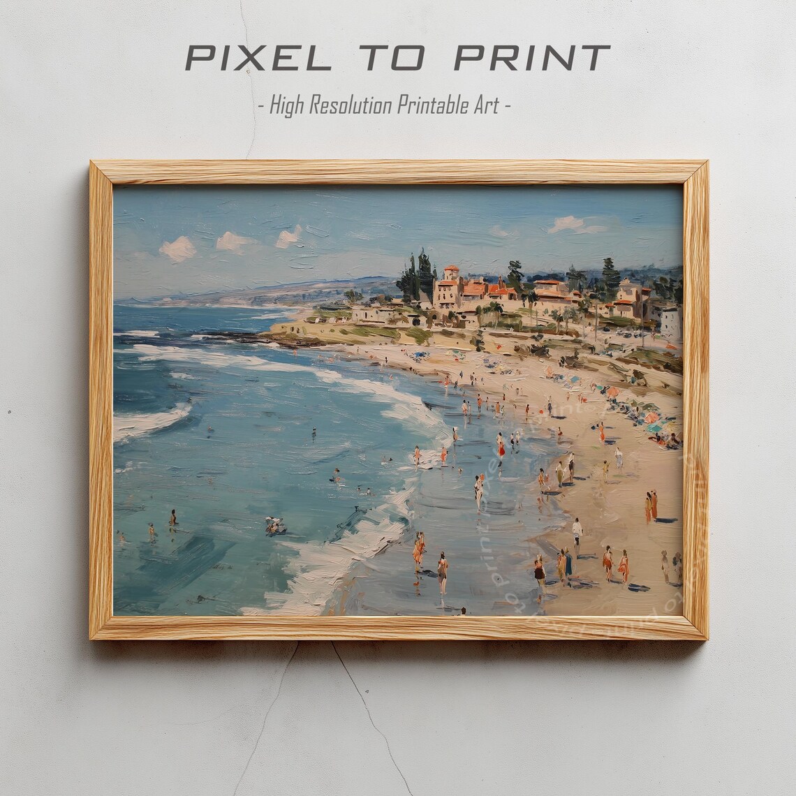 Sunny Crowded Beach Resort Oil Painting Coastal Vacation Poster