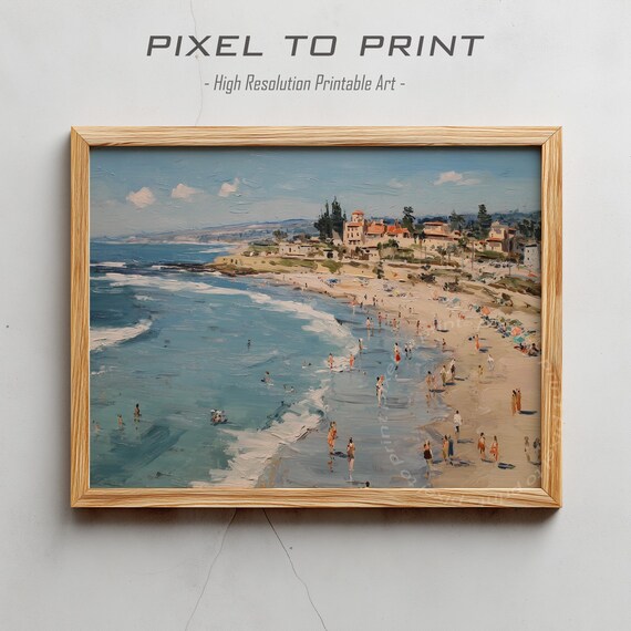 Sunny Crowded Beach Resort Oil Painting Coastal Vacation Poster