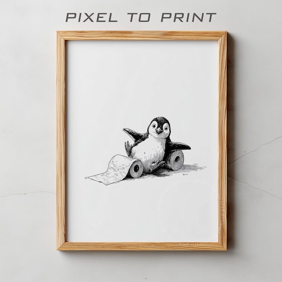 Cute Penguin Playing With Toilet Paper Roll Sketch Poster Art