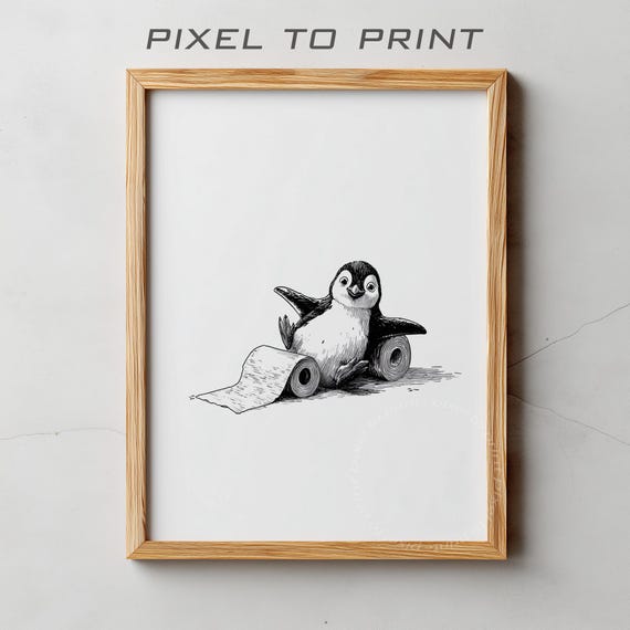 Penguin Playing With Toilet Paper Bathroom Poster Funny Animal Art