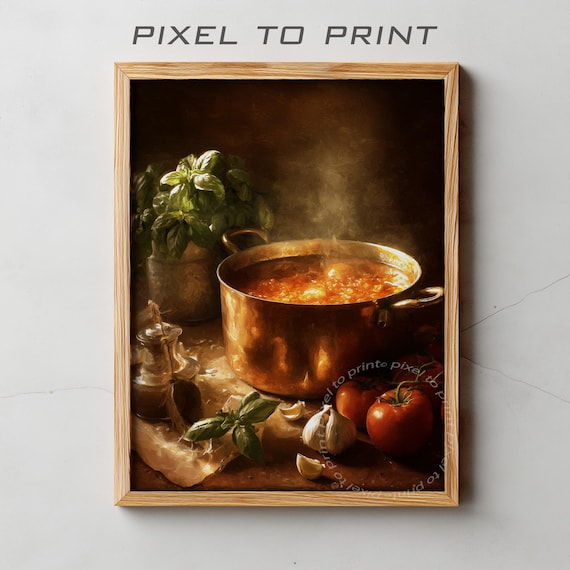Steaming Tomato Soup in Copper Pot Kitchen Oil Painting Poster