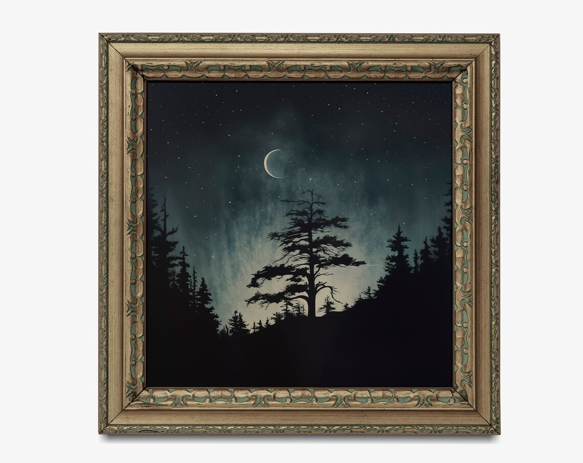 Dark Moody Landscape Painting, Crescent Moon Art Print