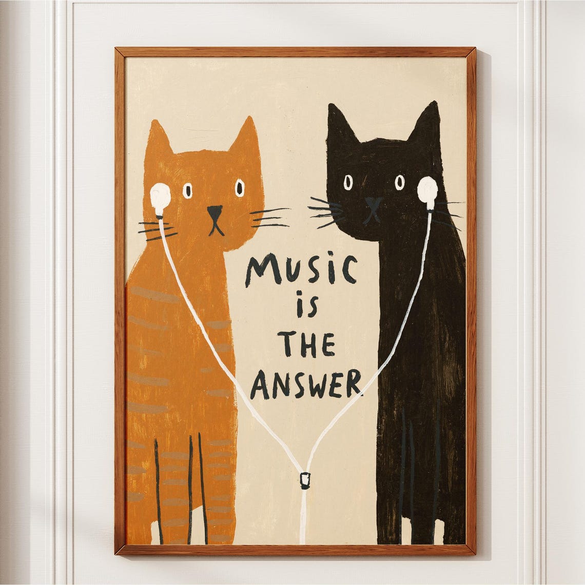 Two Cats Sharing Earbuds Music is the Answer Folk Art Poster