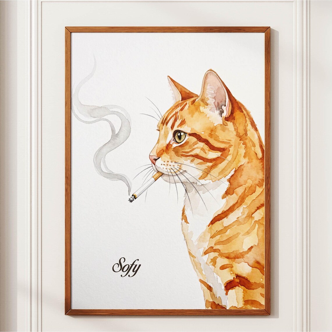 Watercolor Orange Tabby Cat Smoking Cigarette Pet Portrait Poster