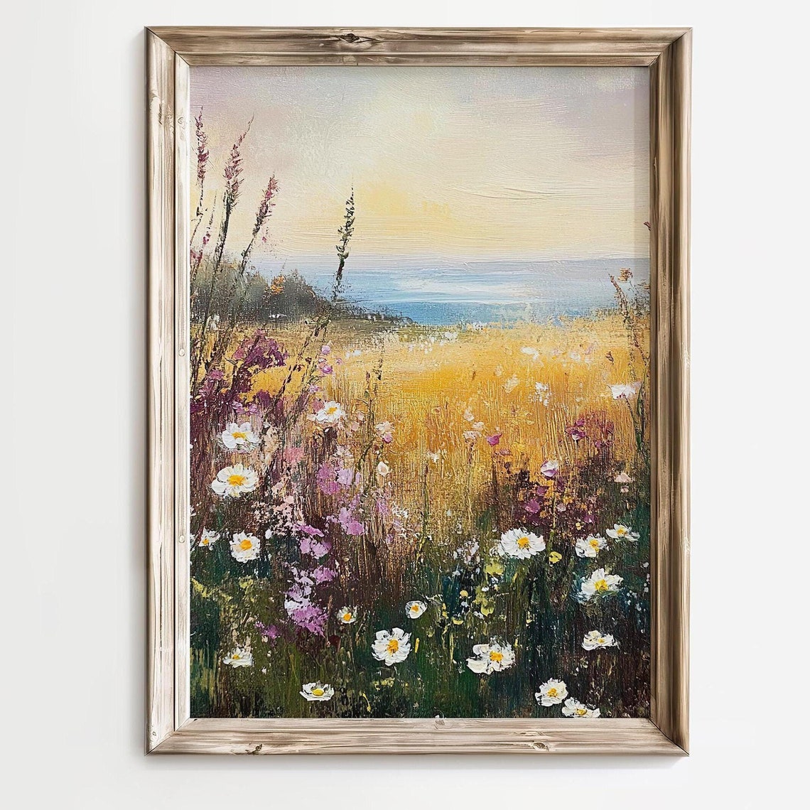 Wildflower Field Landscape Vintage Oil Painting Farmhouse Art Country Field Landscape Farmhouse Decor