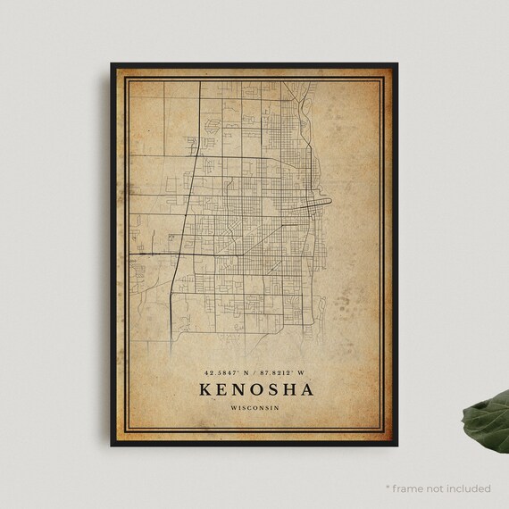 Vintage Kenosha Wisconsin Sepia City Street Map Antique Travel Wall Decor Poster