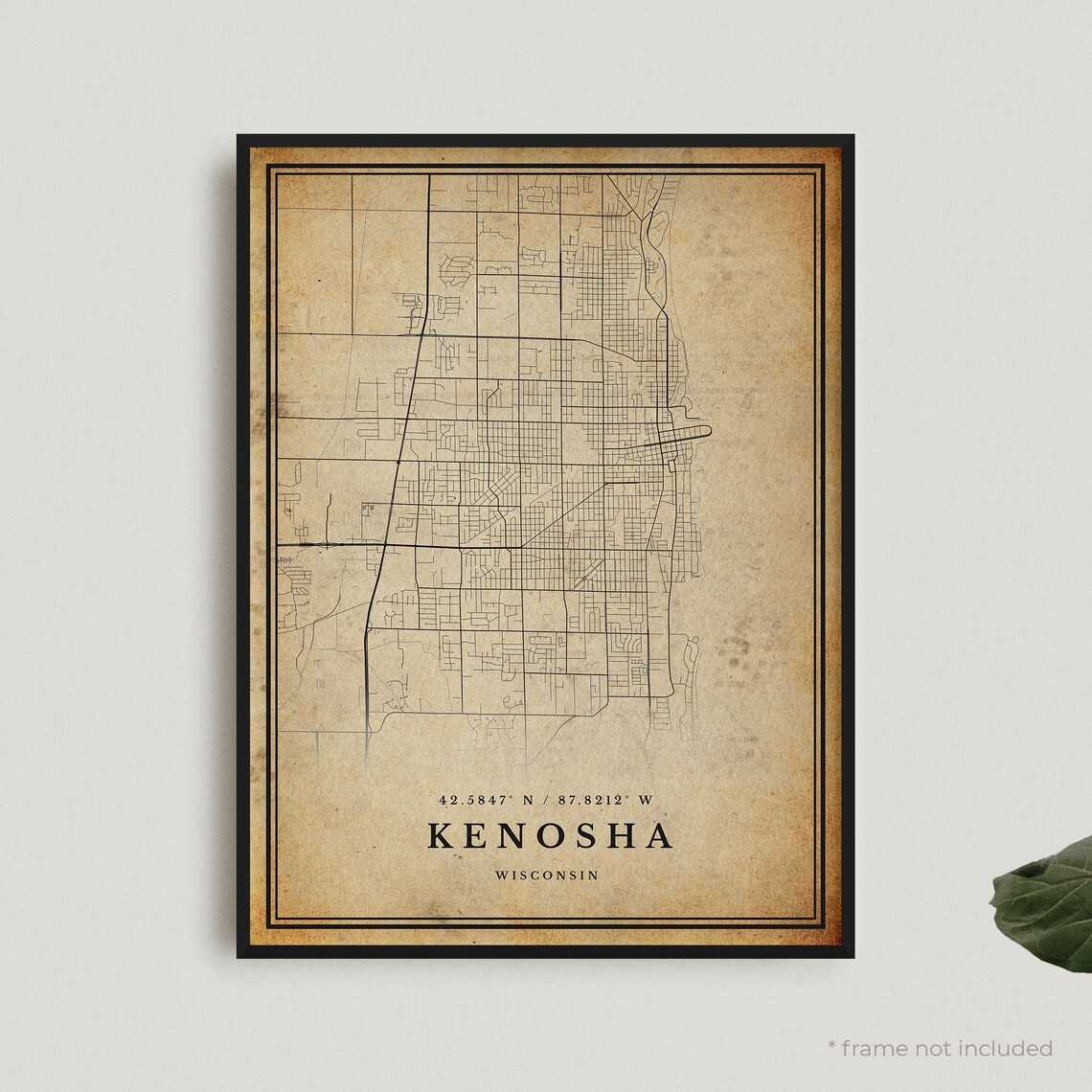 Vintage Kenosha Wisconsin Sepia City Street Map Antique Travel Wall Decor Poster