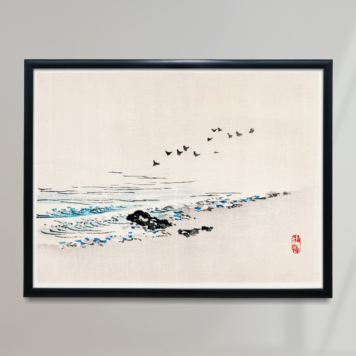 Minimalist Japanese Beach Birds Watercolor Antique Style Poster