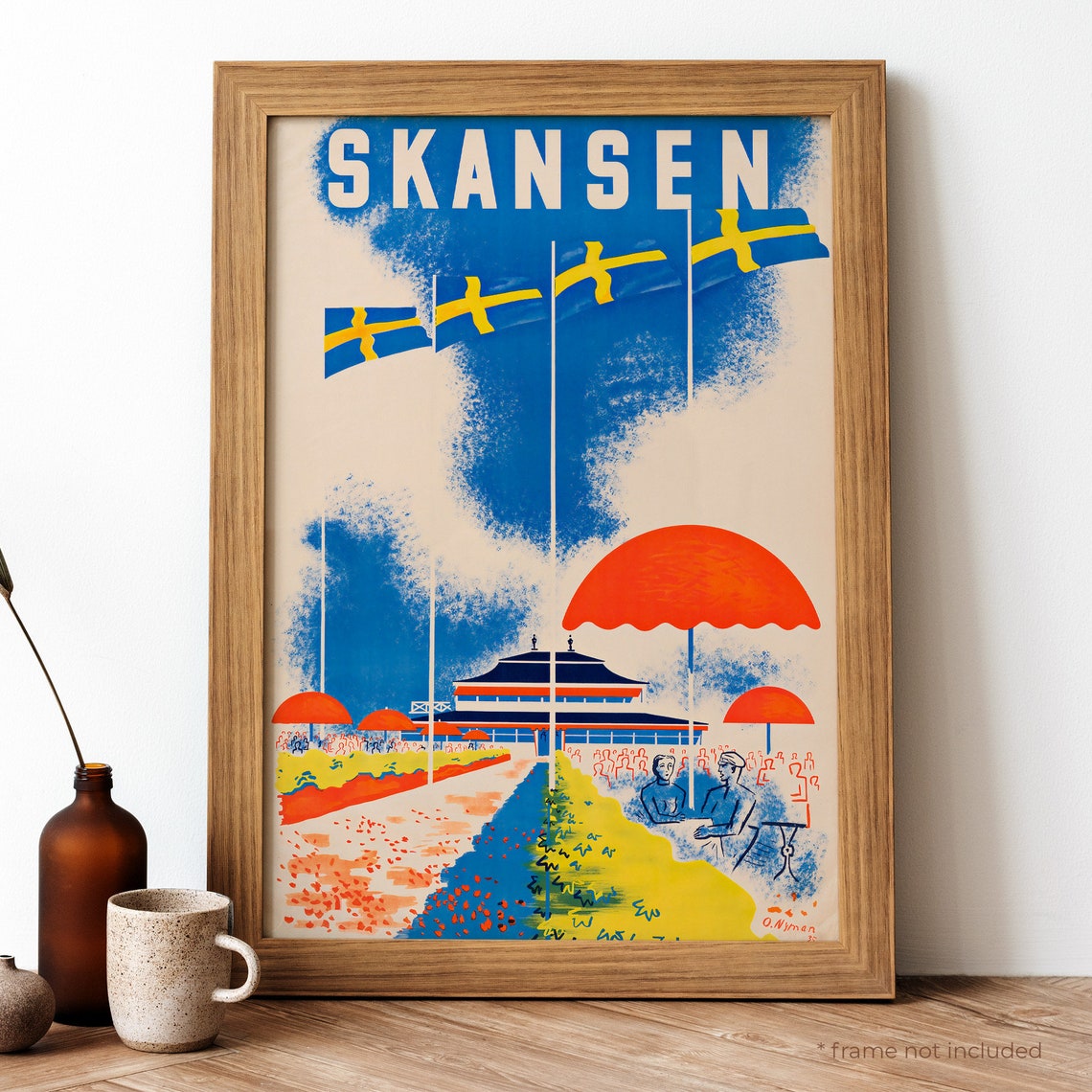 Vintage Skansen Stockholm Swedish Travel Print With Flying Flags