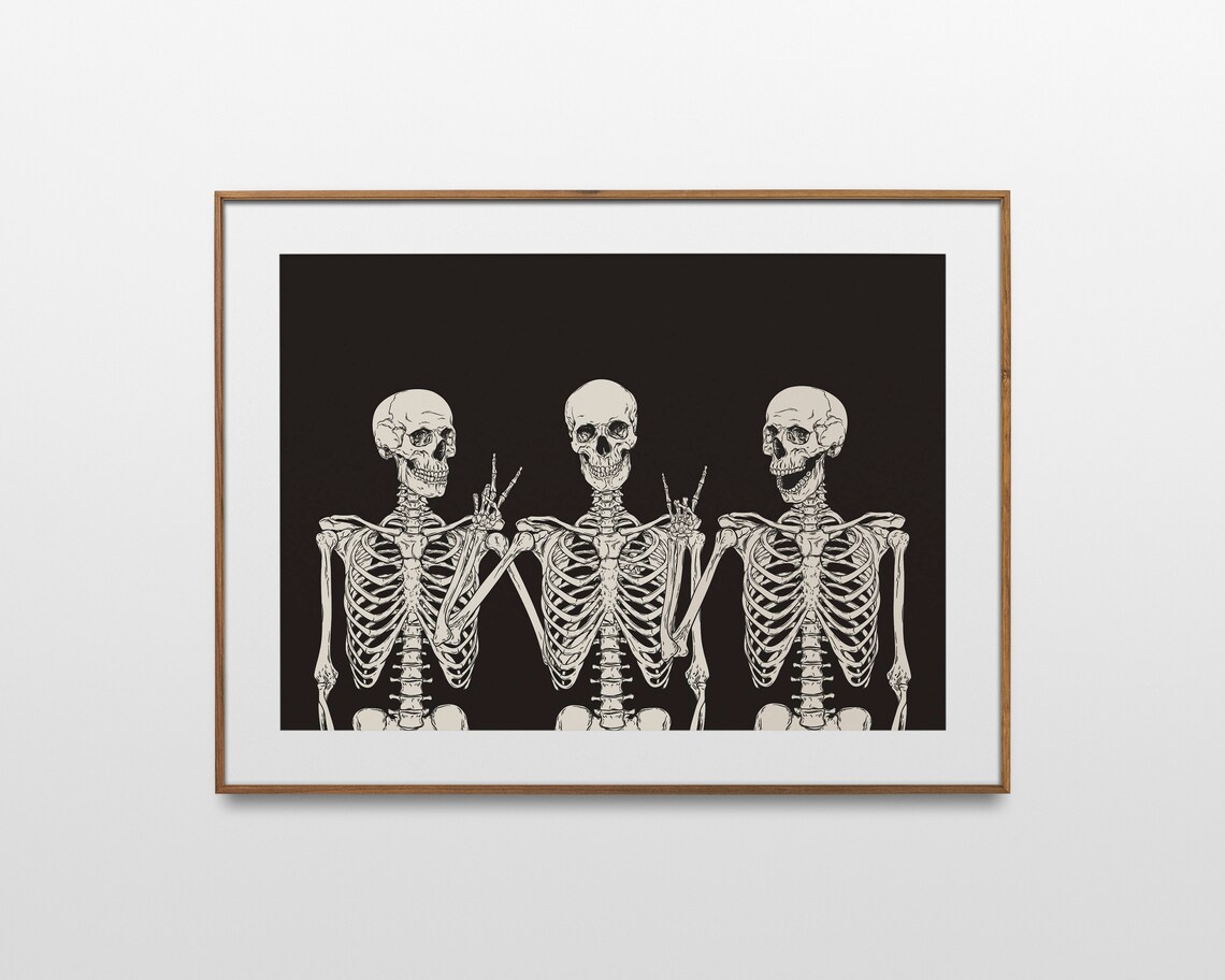 Three Skeletons Posing Together Funny Halloween Trio Skull Black Wall Art Poster - Image 4