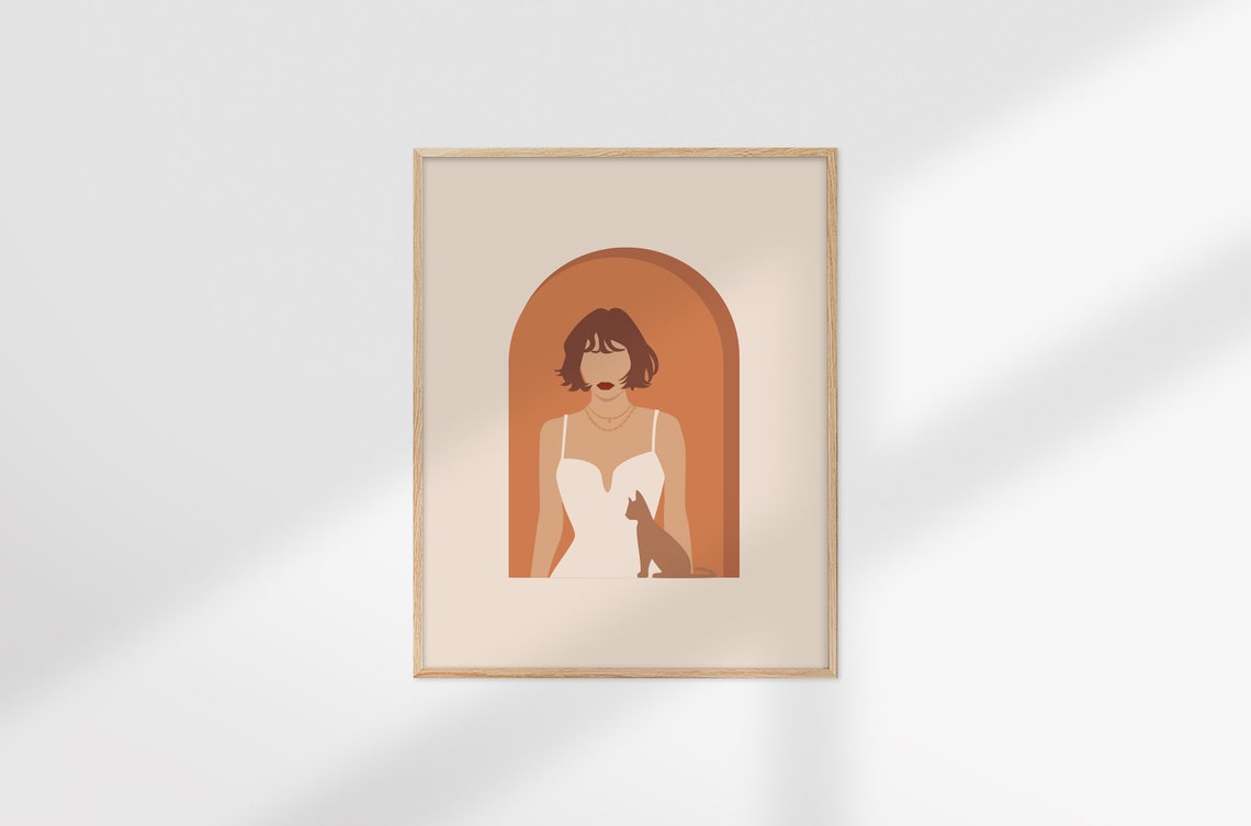 Cat Lady Abstract Woman With Cat Terracotta Minimalist Art Poster - Image 2