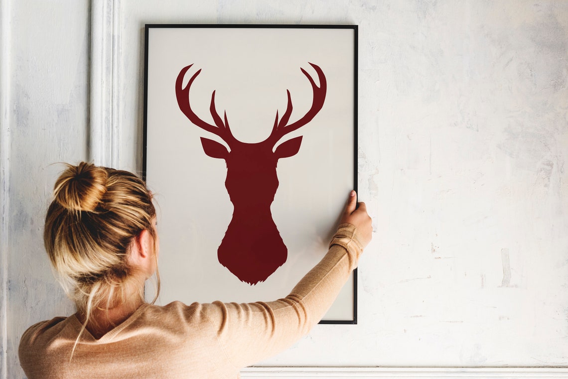 Red Stag Silhouette Winter Deer Antlers Rustic Woodland Poster - Image 2