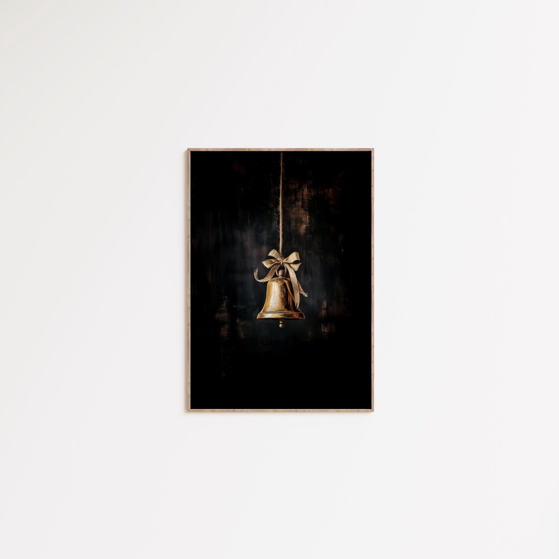 Antique Brass Bell Burlap Bow Black Background Moody Holiday Print - Image 3