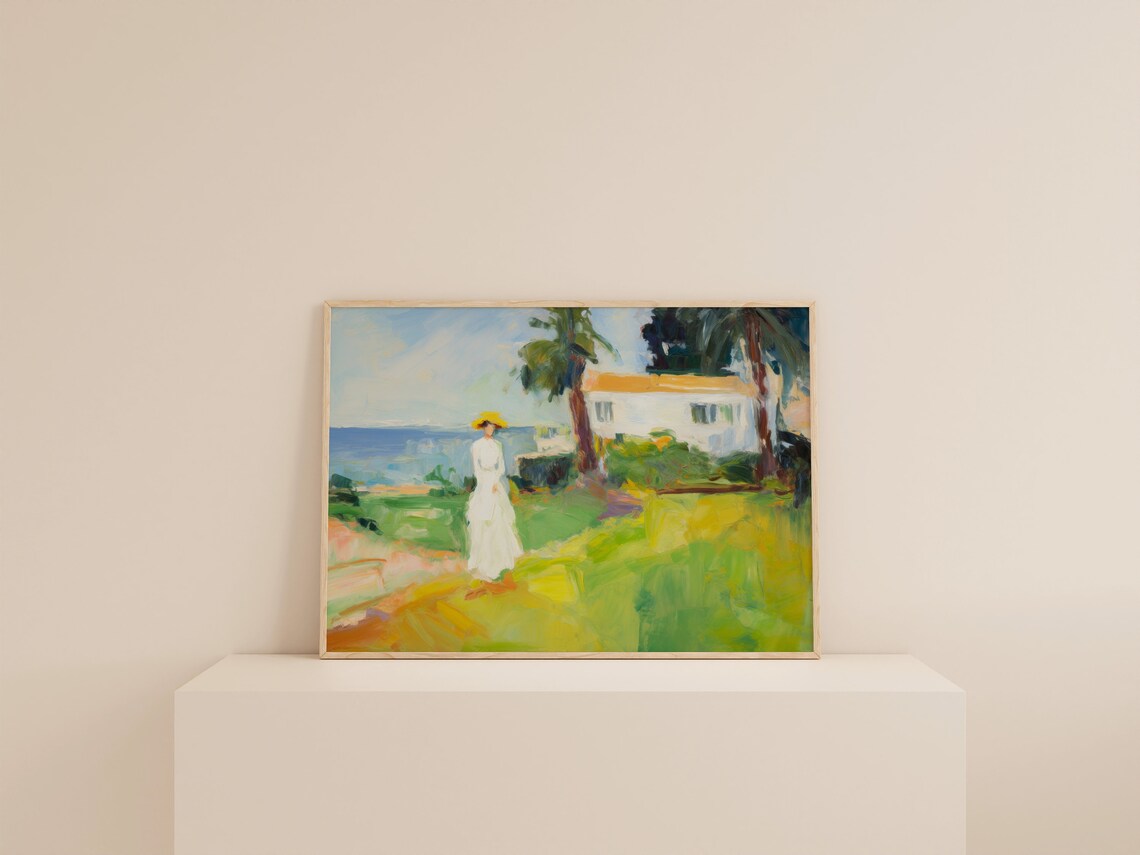 Woman in White Dress Sunlit Coastal Garden Impressionist Painting Poster - Image 2