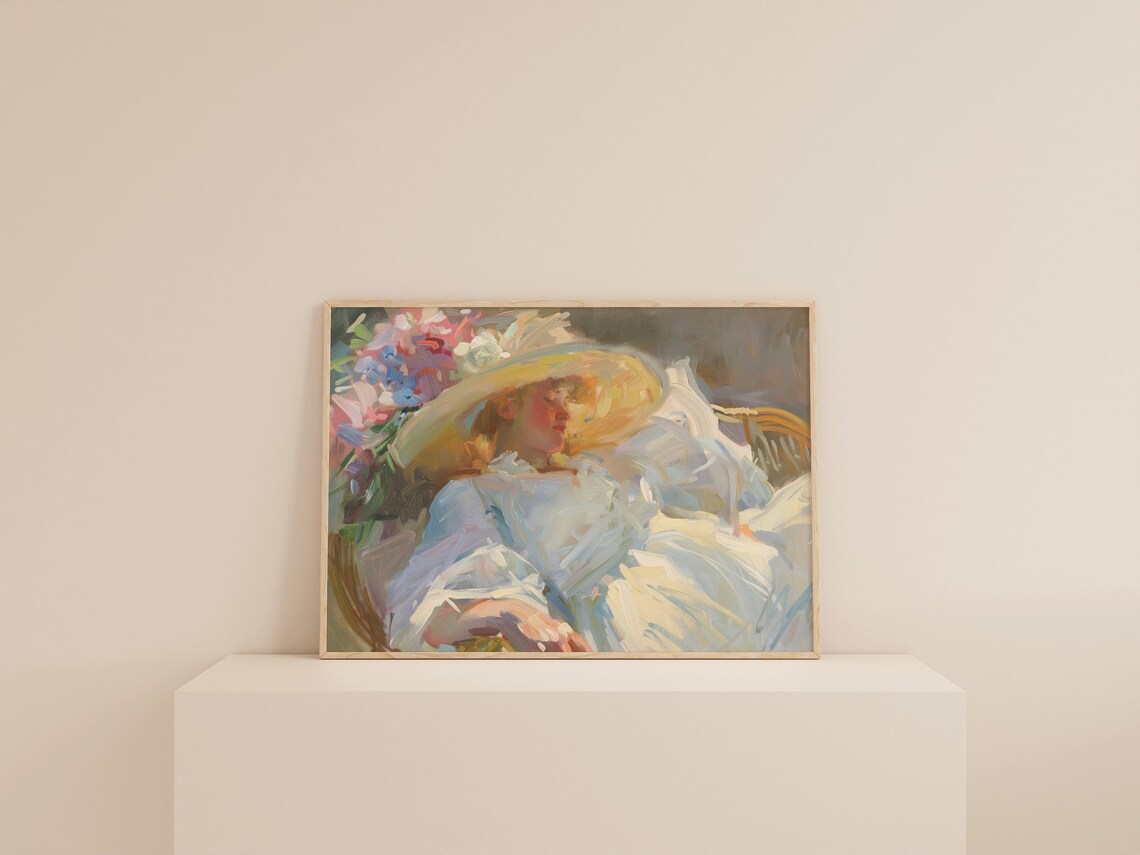 Woman in Wide Straw Hat Flowers Impressionist Portrait Painting Poster - Image 2