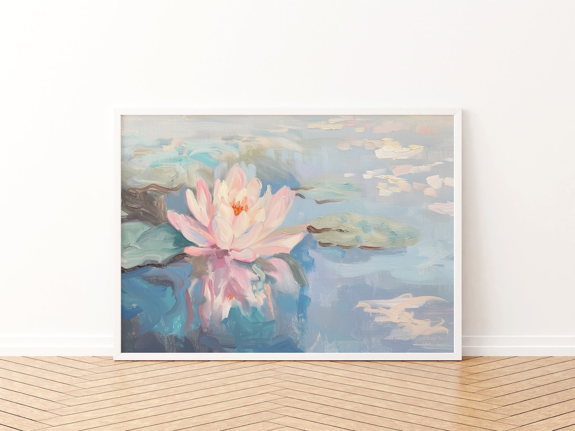 Water Lily Painting, Pink and Blue Floral Art Print - Image 3
