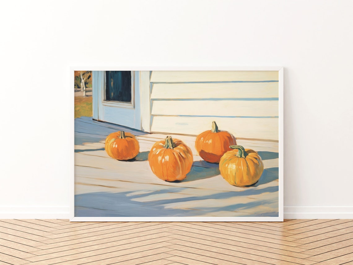Fall Pumpkins On Sunlit Porch Steps Cottagecore Autumn Wall Art - Image 3
