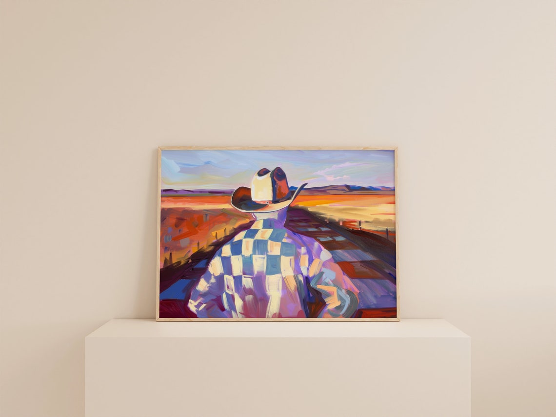 Cowboy Watching Sunset Over Desert Plains Western Art Poster - Image 2