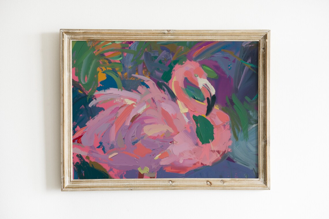 Abstract Flamingo Art Print, Tropical Bathroom Decor