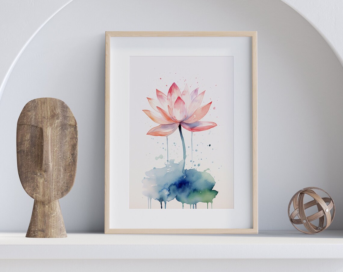 Pink Lotus Watercolor Blossom with Blue Splash Minimalist Floral Art Poster