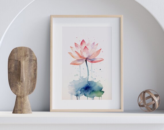 Pink Lotus Watercolor Blossom with Blue Splash Minimalist Floral Art Poster