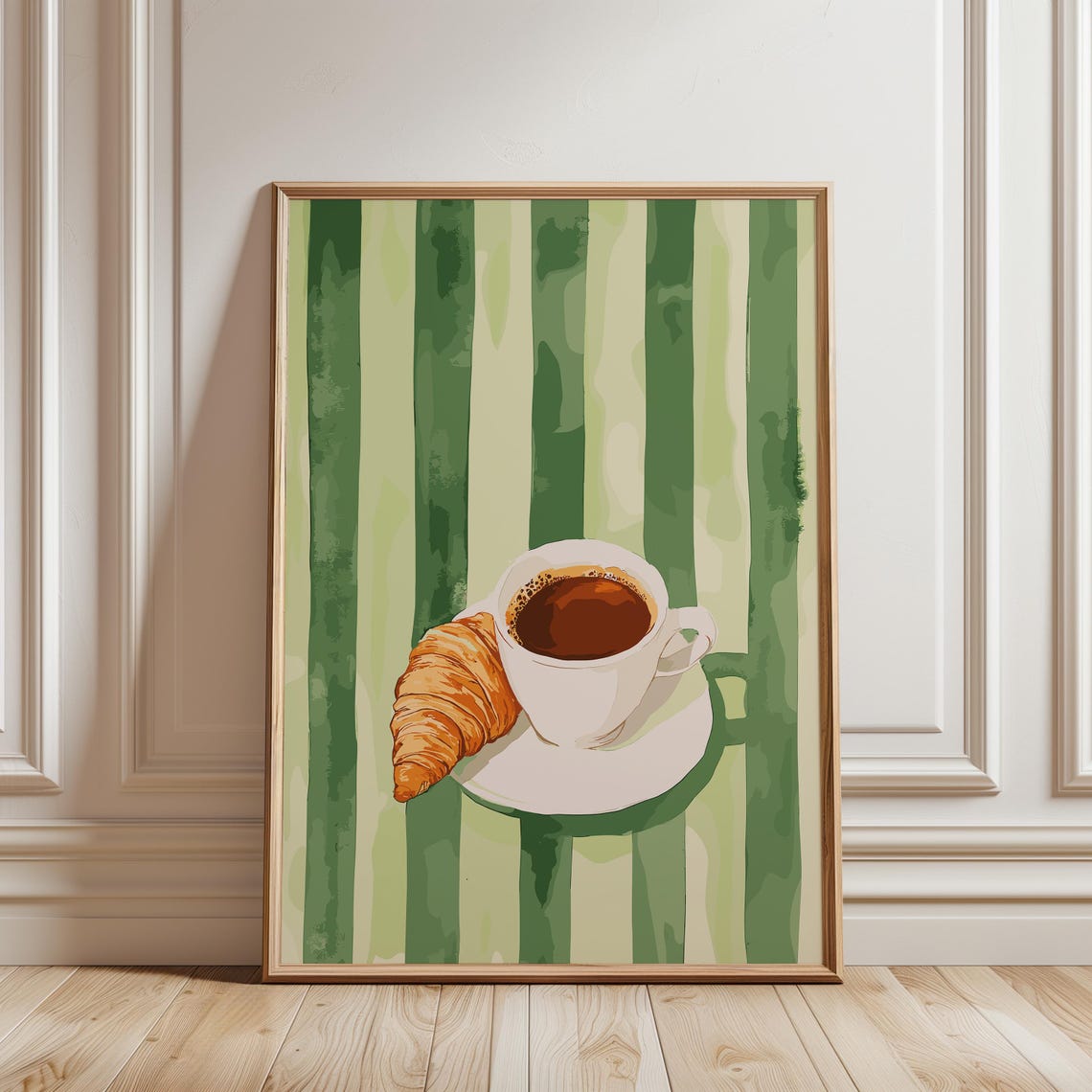 Coffee Cup And Croissant Green Striped Retro Kitchen Art Poster