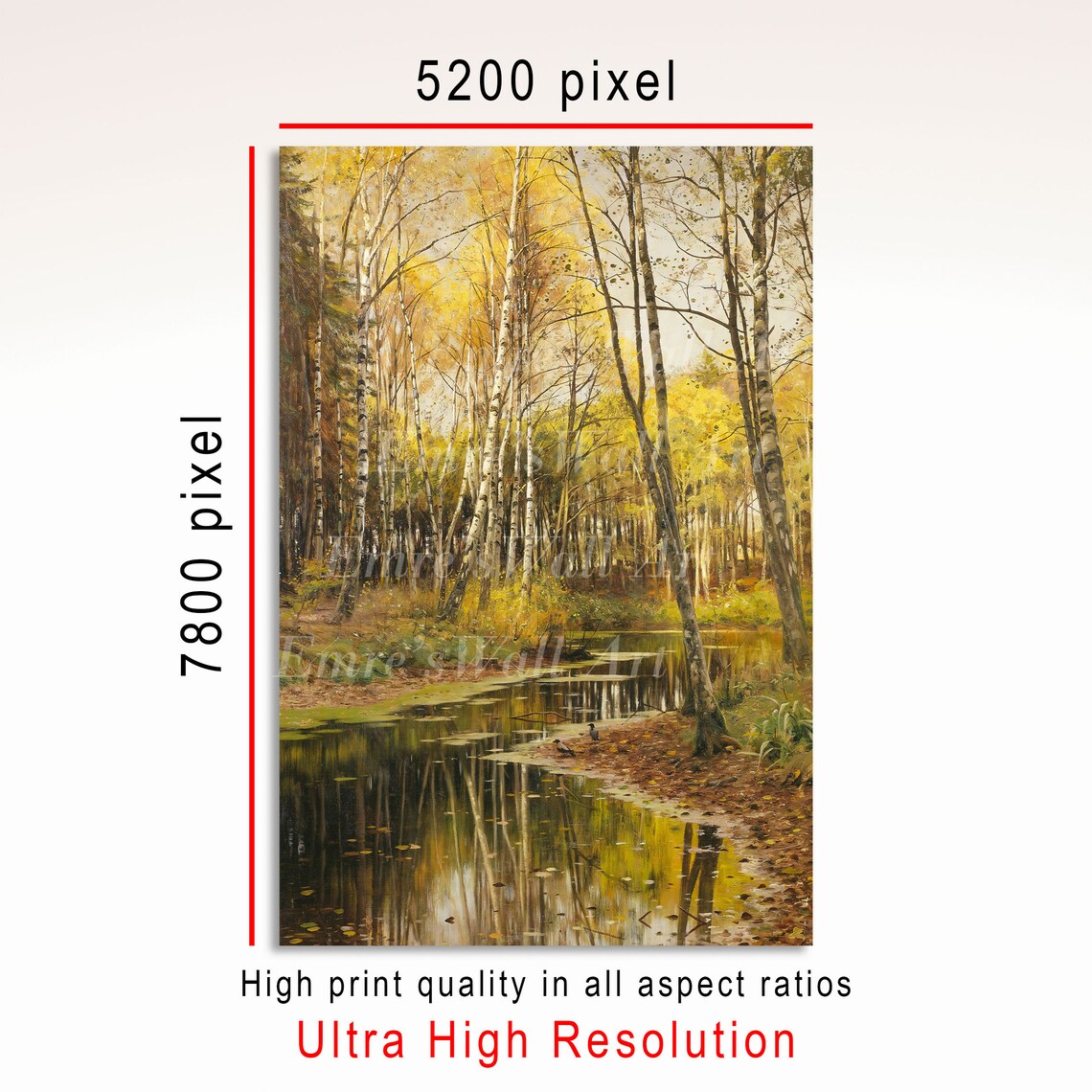 Golden Autumn Birch Forest Painting Pond Reflections Yellow Leaves Poster - Image 3