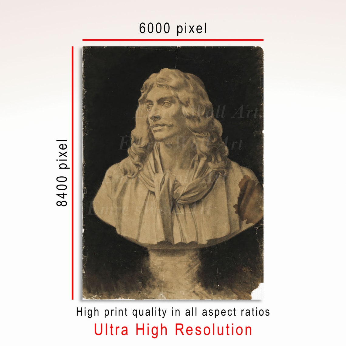 Marble Bust of Long Haired Man Classical Antique Statue Poster - Image 3