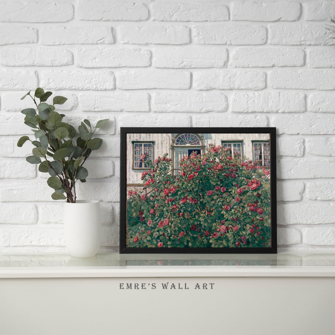 Pink Rosebush by Cottage Door Vintage Flowering Garden Poster - Image 2