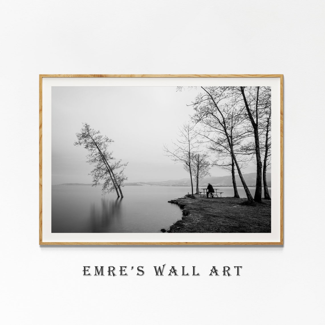 Black and White Lake Shore Solitude Monochrome Photo Artwork Poster - Image 4