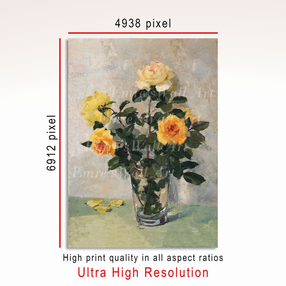 Flower Oil Painting Vintage Yellow Roses Art Print - Image 3