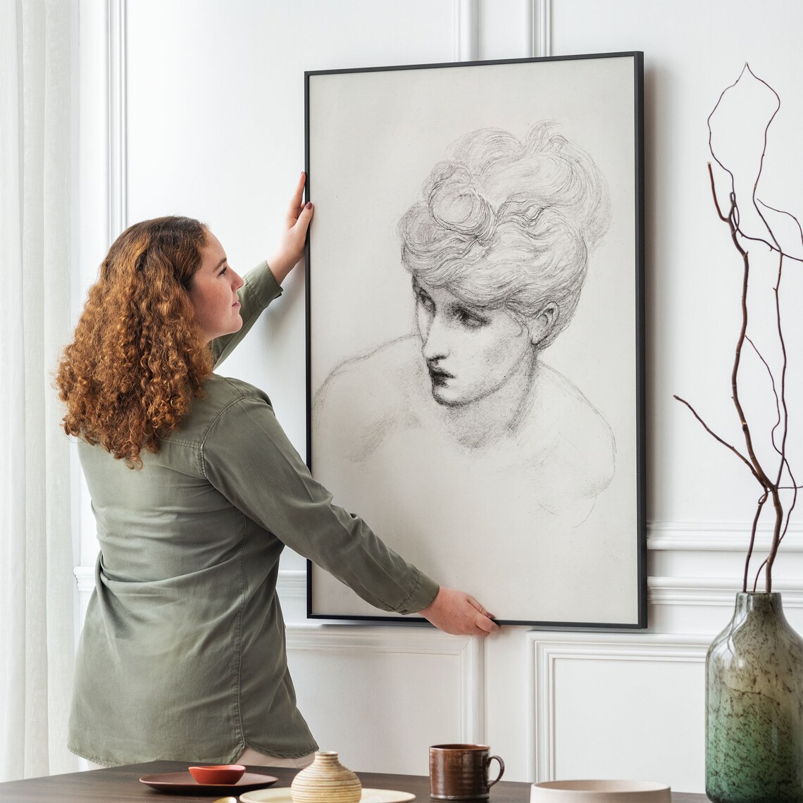 Woman Profile Pencil Sketch Vintage Drawing Flowing Hair Art Poster - Image 2