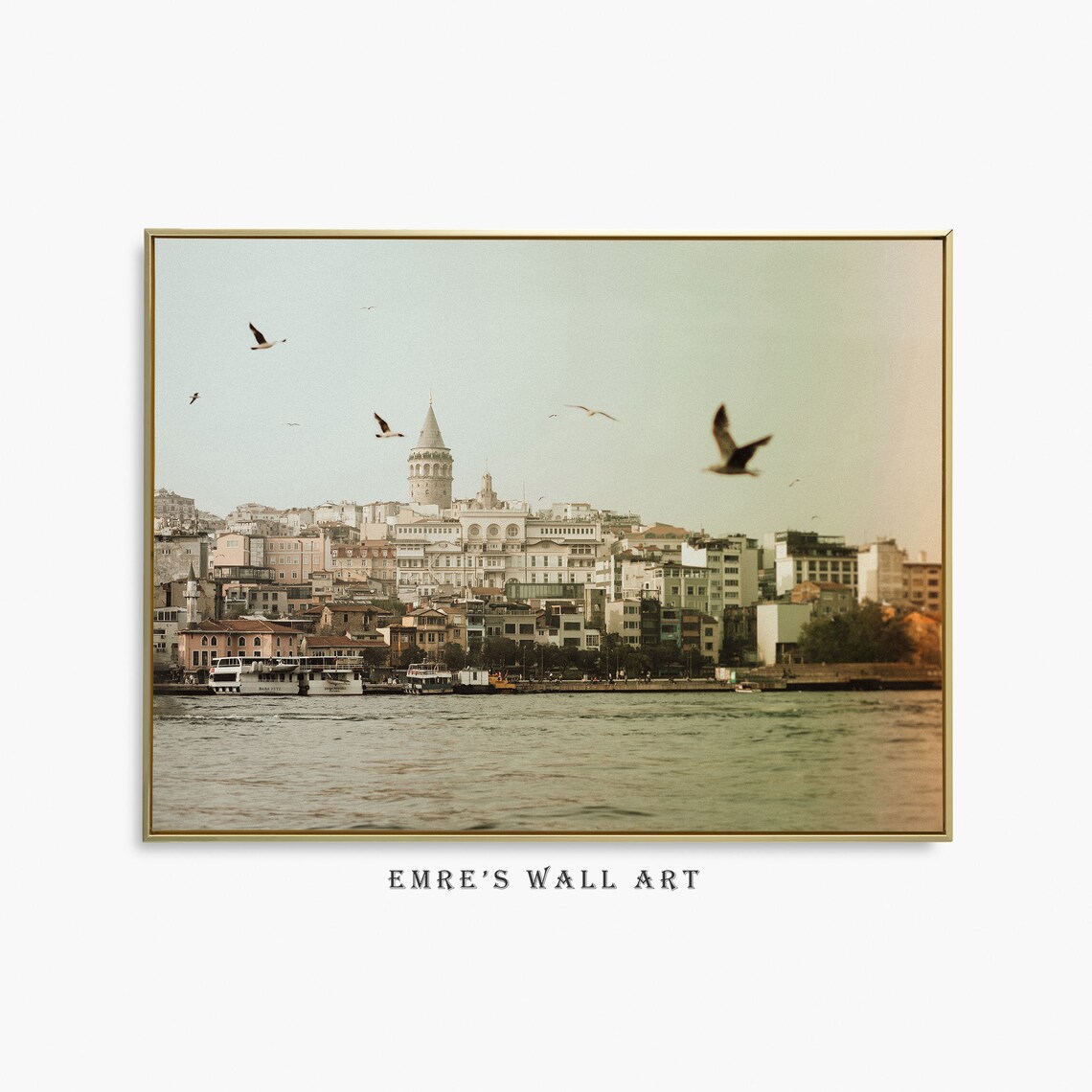 Istanbul Galata Tower Waterfront with Seagulls Vintage Travel Poster