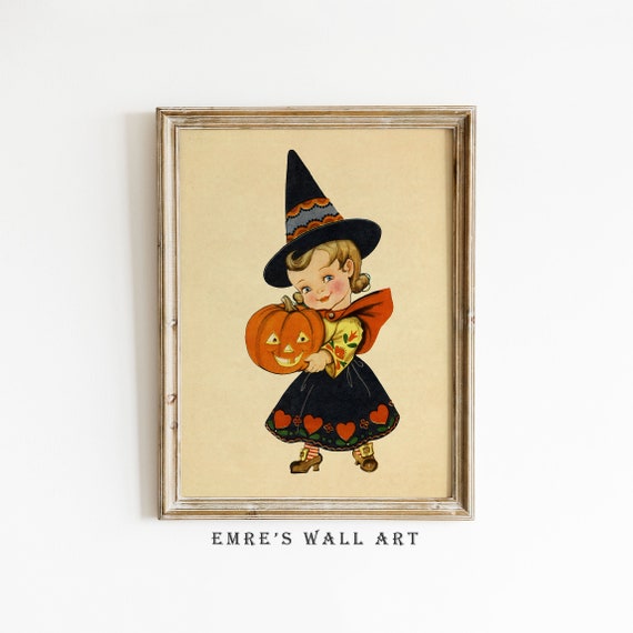Cute Halloween Girl Painting Print Vintage Halloween Wall Art Retro Pumpkin Decor Nursery Halloween