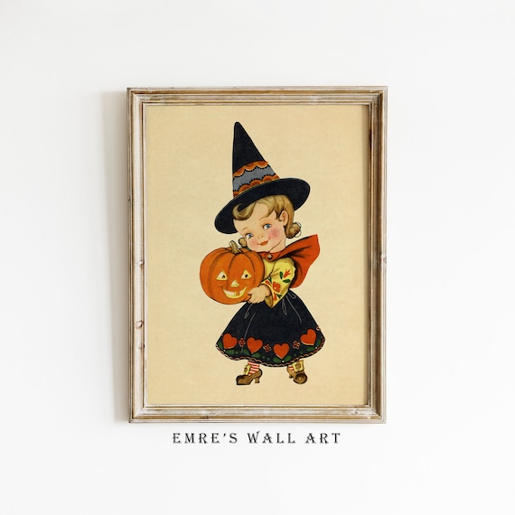 Cute Little Witch Girl Holding Jack O Lantern Vintage Halloween Poster